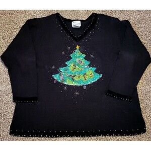 Quacker Factory Christmas Tree Sweater Embelish Bead Holiday Sequins 2X Vintage